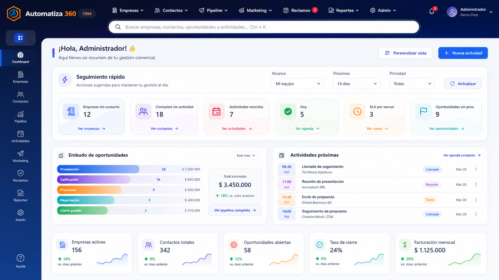 Demo estética de CRM comercial