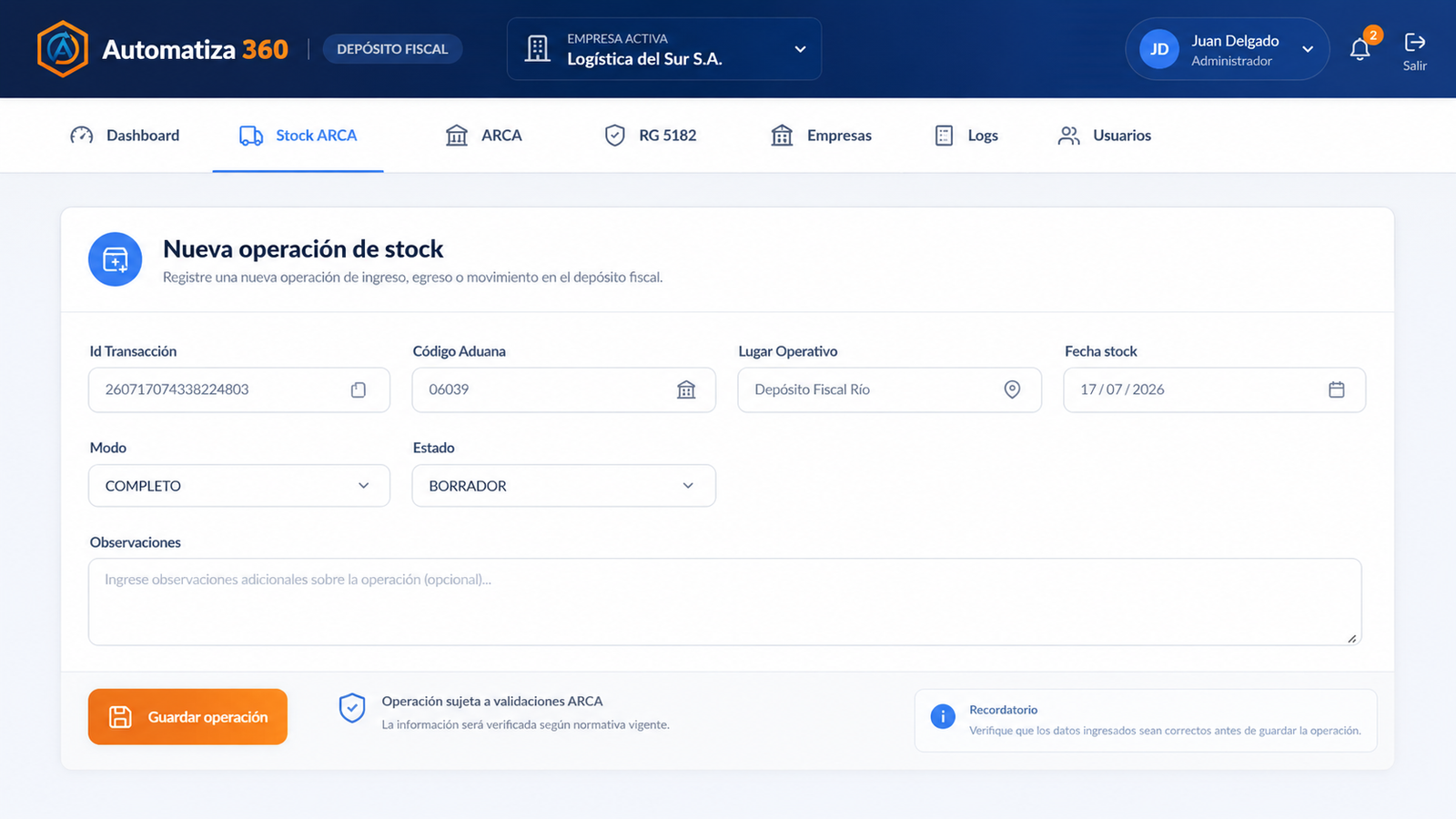 Demo estética de sistema de depósito fiscal