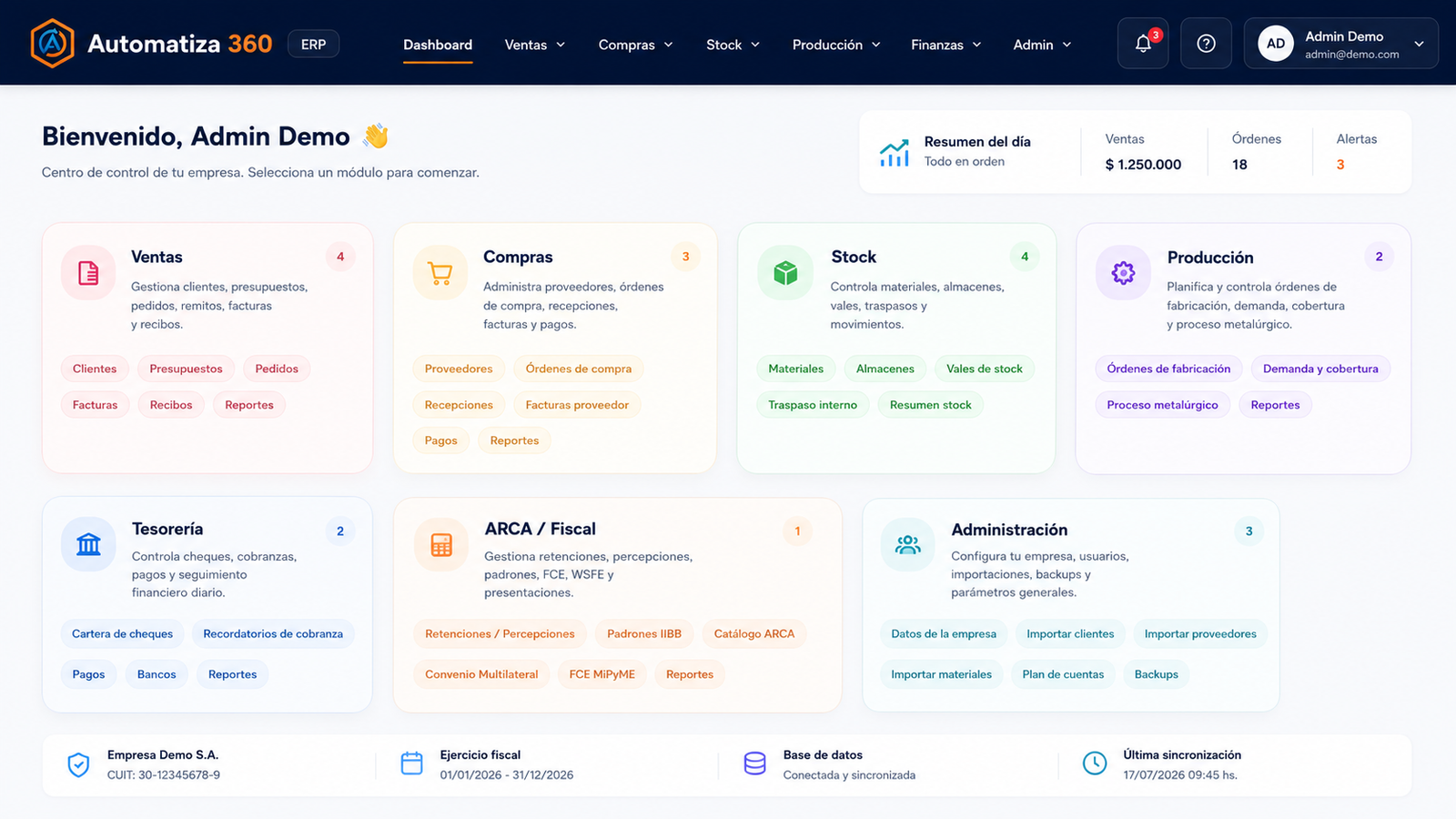 Demo estética de ERP de gestión empresarial