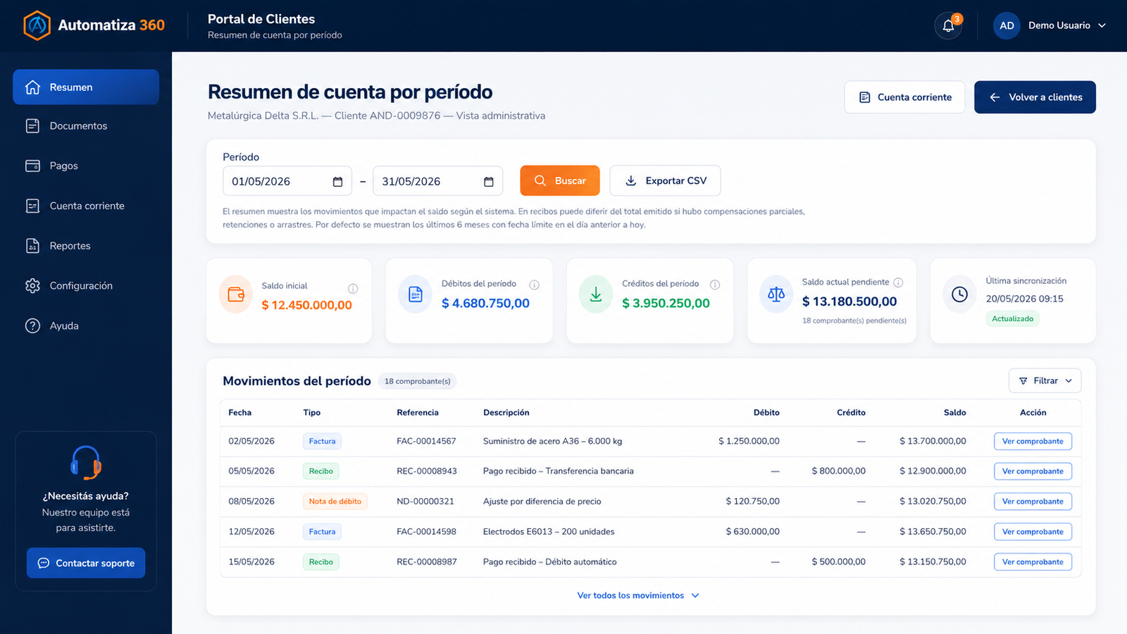 Demo estética de portal de clientes integrado con SAP